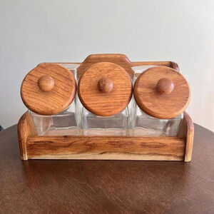 Vintage Anchor Hocking Wooden Rack‎ With 3 Glass Jars & Lids